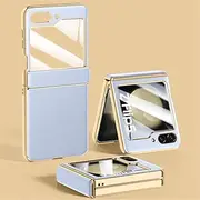 for Samsung Galaxy Zflip 5 Plating Pure Leather Hinge Phone Case for Samsung Z Flip5 Folding Lens Protection Back Cover,Purple,for Samsung Z Flip 4