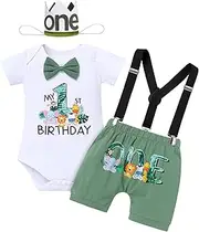 [FYMNSI] Baby Boy Jungle Safari Theme 1st / 2nd Birthday Cake Smash Outfit Cotton Bow Tie Romper T-shirt Suspenders Shorts Headwear 4pcs / 3pcs Set