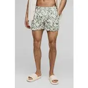Mens Green Short Length Leaf Print Swim Shorts