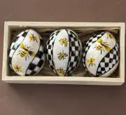 NEW SET OF 3 MACKENZIE CHILDS QUEEN BEE CAPIZ EGGS IN WOOD BOX - No Outer Box