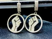 BLM Power Fist 925 Italy Real Silver Iced Men's Dangle Hinged Hoop Earrings ICY