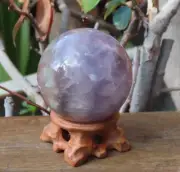 Polished Fluorite Crystal Sphere with Hand Crafted Wood Display Stand 351 Grams