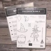 Stampin Up CAULDRON BUBBLE Stamp Set & Dies Halloween Witch Hat Broom Cat