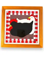 Vintage Chicken Trivet Ceramic Tile Wood Frame Linda Morgan NEW in Box Hanging