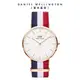 Daniel Wellington 手錶 Classic Cambridge 36mm經典藍白紅織紋錶-白錶盤-玫瑰金框(DW00100032)