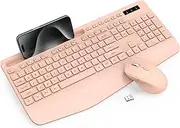 Wireless Keyboard and Mouse Combo - Full-Sized Ergonomic Keyboard with Wrist Rest, Phone Holder, Sleep Mode, Silent 2.4GHz Cordless Keyboards Mice Set for Computer, Laptop, PC, Mac, Windows (Pink)