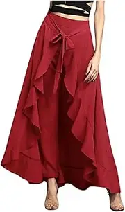 [utcoco] Women's 2025 Trendy Casual Chiffon Elastic High Waist Pants Culottes Tie Front Ruffle Boho Flowy Maxi Skirts, Red, Large