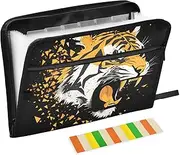 Quteprint 13 Pockets Expanding File Folder with Zipper Closure, Angry Animal Tiger Accordion File Folder with Sticky Labels, Letter Size A4 Papers Expandable File Document Organizer