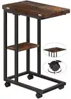 Foldable Small Side Table - C Shaped Couch End Table with Storage Shelf Brown