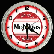 16" Fill up with MobilGas Sign Red Neon Clock Man Cave Garage Oil Mobil Gas