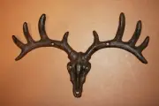 Southwestern Antler Head Skull Coat Hook Rack, Cast Iron Cheyenne H-100