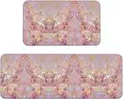 Pink Marble Texture Print Kitchen Floor Mat 2 Sets Non-Slip Rugs for Kitchen Laundry Office and Home Decor