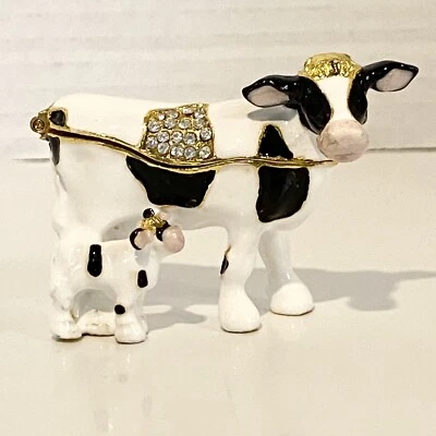 Holstein Cow And Calf Trinket Box Bejeweled Hinged