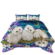 Wild Birds Art Cute Night Flowers and Owls Coverlet