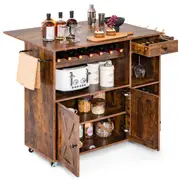 Giantex Mobile Kitchen Island Home Storage Utility Trolley w/Wine Rack & Glass Holder Buffet Serving Cart Coffee Station Brown