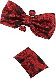 [Zasel] Mens Red Paisley Tinsel Matching Bow Tie, Pocket Square & Cuff Links Set Black, Red, Silver