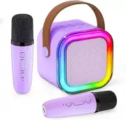Mini Karaoke Machine with 2 Wireless Microphones Bluetooth Speaker Purple