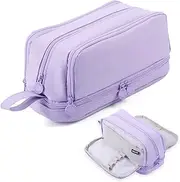 Large Capacity Pencil Case,Big Pen Pencil Pouch 3 Compartments Adult, Expandable Pencil Case with Portable Handle,School Stationery Organizer,Travel Makeup Cosmetic Bag, Purple, Make-Up Pouch