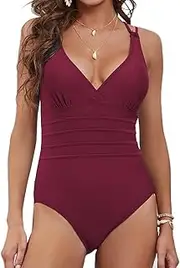 [TEMKIN] Women's One Piece Swimsuit V-Neck Bathing Suits Women Swimming Costume with Staggered Back Straps