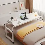 CUPKEE Overbed Table with Wheels, Mobile Bed Desk Adjustable Height&Length,Rolling Computer Desk with Baffle, Laptop Cart, for Home,Office and Hospital,C,120CM