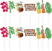 28 PCS Hawaiian Cake Decorations, Summer Beach Stitch Cupcake Toppers Tropical Cupcake Toppers with Pineapple Coconut Tree Banana Leaf Coconut Stitch Cake Topper for Beach Party
