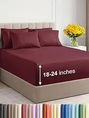 CGK Unlimited Extra DEEP Pocket Sheets - Super DEEP Pocket Bed Sheet Set - DEEP Fitted Flat Sheet - King Burgundy - King Sheet