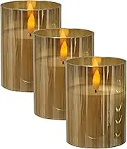 Brandsseller LED Candle 7.5 x 10 cm Set of 3 Real Wax in Glass Warm White Flickering Function Timer Function - Gold