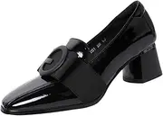 [Oshhni] Women's Chunky Low Block Heels Closed Toe Dress Shoes, Elegant Comfortable Slip on Leather Pumps Shoes