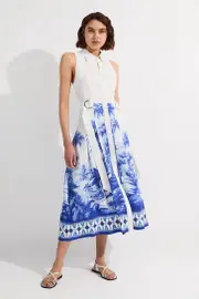 Viscose Linen Scenic Print With Top Stitch Belted Woven Midi Dress