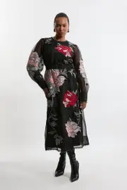 Plus Size Embroidered Organdie Woven Balloon Sleeve Maxi Dress With Beading