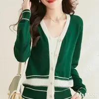 在飛比找momo購物網優惠-【MsMore】綠色針織開衫v領拼接減齡寬鬆顯瘦長袖毛衣薄外