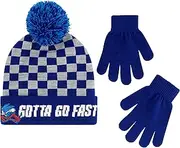 [Concept One] Sonic The Hedgehog Kids Winter Beanie Hat and Gloves Set, Boys Cuffed Winter Knit Cap with Pom and Matching Mittens, Gotta go Fast, Blue Checkers, One Size, Blue Checkers, One Size