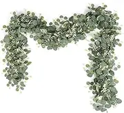 Eucalyptus Garland with White Flowers, 2 Packs 180cm Silver Dollar Eucalyptus Boxwood Gypsophila Garland Artificial Greenery Garland Vines for Wedding Party Mantle Table Runner Home Decor