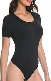[Upushall] Women's Short Sleeve Thong Body Suits Crew Neck Basic T-shirt Bodysuit Tops Built-in Bra