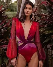 [HHZYT] Women's One Piece Swimsuit Tie Dye Gradient Long Sleeve Mesh Shirt Deep V Neck Backless High Waist Cut Out Swimwear Bathing Suit,Red,L