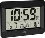 TFA Dostmann Digital Wall, 60.4519.01, Radio-Controlled Clock with Indoor Temperature, Day of The Week (8 Languages), Date, Time Zone Setting, Black, (L) 215 x (B) 160 x (H) 26 (68) mm