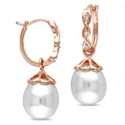 9.0 - 9.5mm Baroque Cultured Freshwater Pearl and Diamond Accent Twisted Drop Hoop Earrings in 10K Rose Gold
