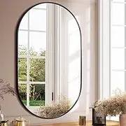Furb Oval Wall Mirror, Black Metal Frame Pill Shape Bathroom Mirror, Decorative Hallway Entryway Mirror, 50x100cm
