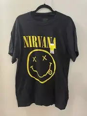 NWT NIRVANA T-Shirt Smiley Face Logo Front Sz L Black Short Sleeve Tee New