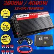 2000W Pure Sine Wave Power Inverter 3 Socket Remote Control DC 12V to AC 240V AU