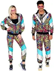Widmann - Costume 80s tracksuit party animal, glows under UV light, jacket and trousers, animal print, jogging suit, retro style, bath taste party, carnival