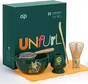 Aprika Life Matcha Whisk Set - Ceramic Matcha Bowl, Matcha Whisk (Chasen) and Holder, Bamboo Matcha Scoop, Sifter and Tea Cloth - 6 Pcs Cute Matcha Kit with Cat Design - Set in Gift Box (Green)