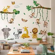 Traziewell 0205 Wall Sticker Children's Room Wall Sticker Jungle Forest Animals Trees Deer Elephant Monkey Insert in Living Room Wall Decoration