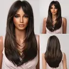 Brown Wigs for Women Highlight Wig with Bangs Layered Long Brown Blonde Strai...