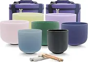 KVKA 6-12 Inch 432hz Gemstone Fusion Singing Bowls Set of 7pcs Chakra For Sound Healing with 2 PCS Travel Carrying Case Bag