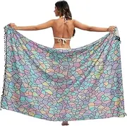 [RPLIFE] Geometric Pastel Women's Swimsuit Sarong Cover Up Fringe Beach Sarong Coverups for Women, Large, Geometric Pastel, Medium