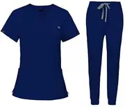 [Ｓｉｍｈｏａ] 2x Scrubs for Women Set Modern V Neck Tops & Pockets Jogger Pants Athletic Nursing Uniform Solid Stretch Workwear, L, Blue