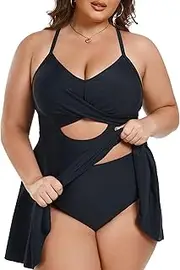 [AOVDE] Women's Plus Size Swimsuits: Tankini Swimdress 2 Piece Bathing Suits Flowy Swim Dress with Shorts, Black, 28