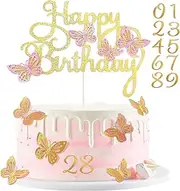 Pink Gold Butterfly Cake Toppers,3D Butterfly Cupcake Topper,Happy Birthday Cake Toppers with 0-9 Number Acrylic Cake Decorations for Baby Shower,Girls Women's Birthday Cake Party Decorations(23PCS)