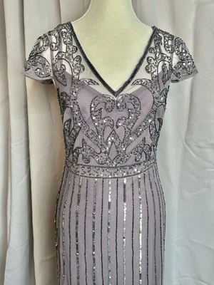 Adrianna Papell Studio Sequin Cap Sleeve Moonstone Beaded Dress NWT 4